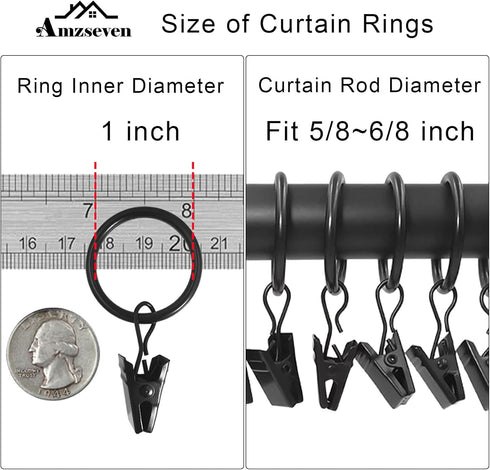 44 Pack Metal Curtain Rings with Clips, Drapery Clips with Rings, Drapes Rings 1 in I D, Fits Diameter 6/8 in Curtain Rod, Black...