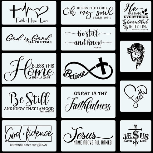 CINPIUK 14PCS Christian Stencils Painting on Wood, Bible Sign Motivational Saying Faith God Fidence Be Still Reusable Painting Stencils DIY Farmho...