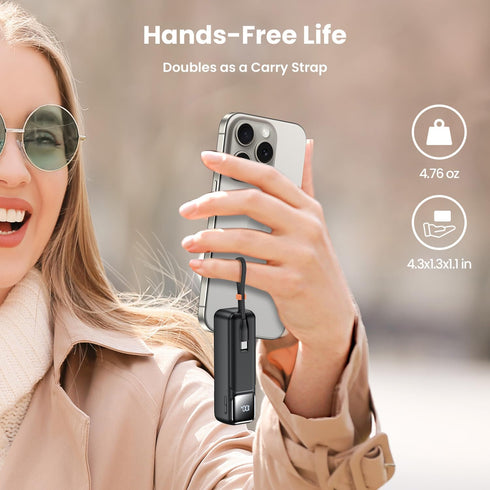 Small Portable Charger with Foldable Wall Plug 5000mAh,22.5W Fast Charging Power Bank Built in USB-C Cable,Mini External Battery Pack with LED Dis...