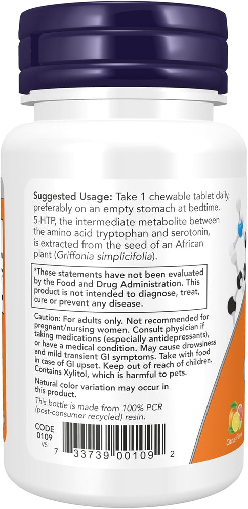 NOW Supplements, 5-HTP (5-hydroxytryptophan) 100 mg, Neurotransmitter Support*, 90 Chewables...