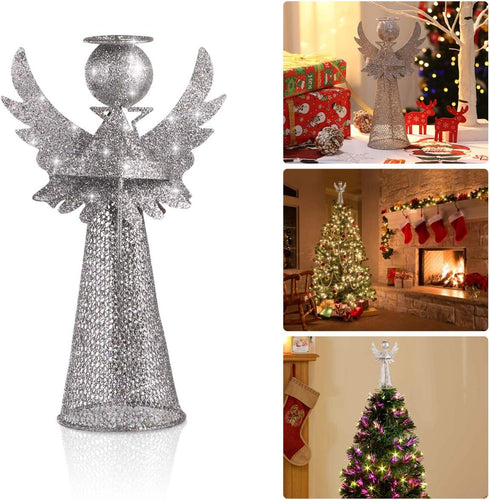 PRETYZOOM Christmas Silver Angel Tree Topper Exquisite Glitter 3D Angel Figure Tree Topper Ornament for Party Home Mall Xmas Tree Favor...