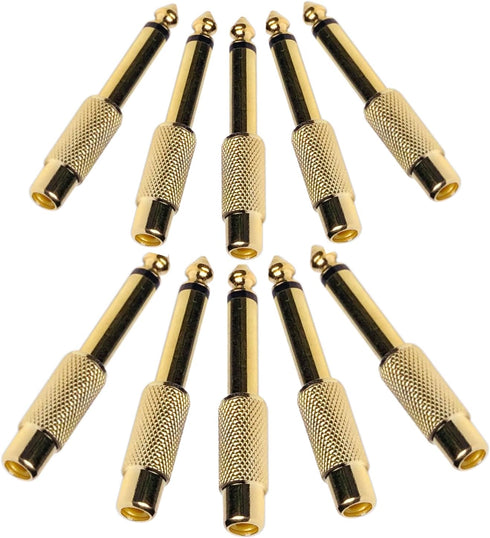 6.35mm 1/4" TS Plug to RCA Female Jack Adapter Connector - 6.35mm Mono Male to RCA Female, Gold-Plated, 10 Pack...