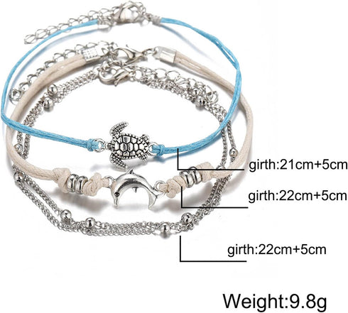 Boho Turtle Ankle Bracelet Silver Dolphin Braided Anklet Bracelet Layered Turtle Woven Rope Anklets Vintage Satellite Ball Anklet Foot Chain Jewel...