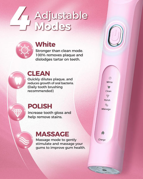 Rotating Electric Toothbrush with Travel Case for Adults Pink, 8 Brush Heads (2 Types) 4 Modes Deep Clean Electric Toothbrush with 25-Days Recharg...