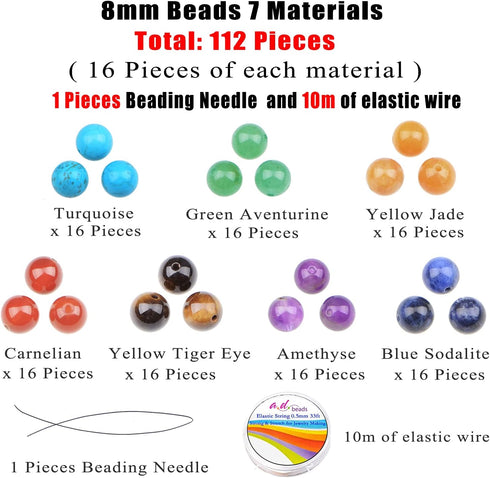 AD Beads 8mm Natural Loose Beads 112 Pieces for Making mala Necklace or Bracelet (7 Chakra Beads)...