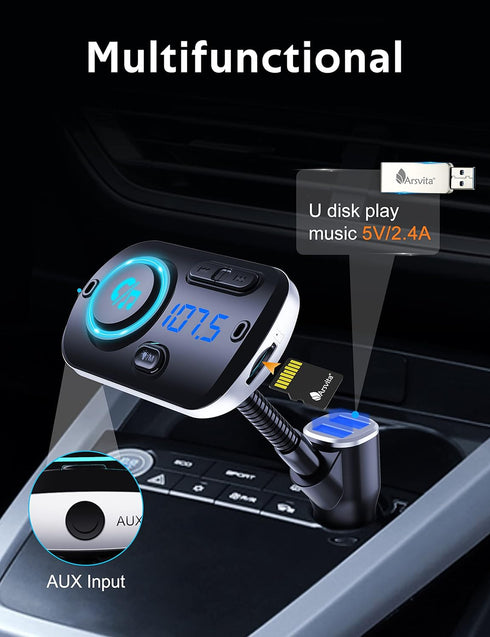 Arsvita Upgraded Bluetooth FM Transmitter for Car, Radio Receiver/Audio Adapter with Gooseneck Dual Car Charger, Support QC3.0 Quick Charging, Han...