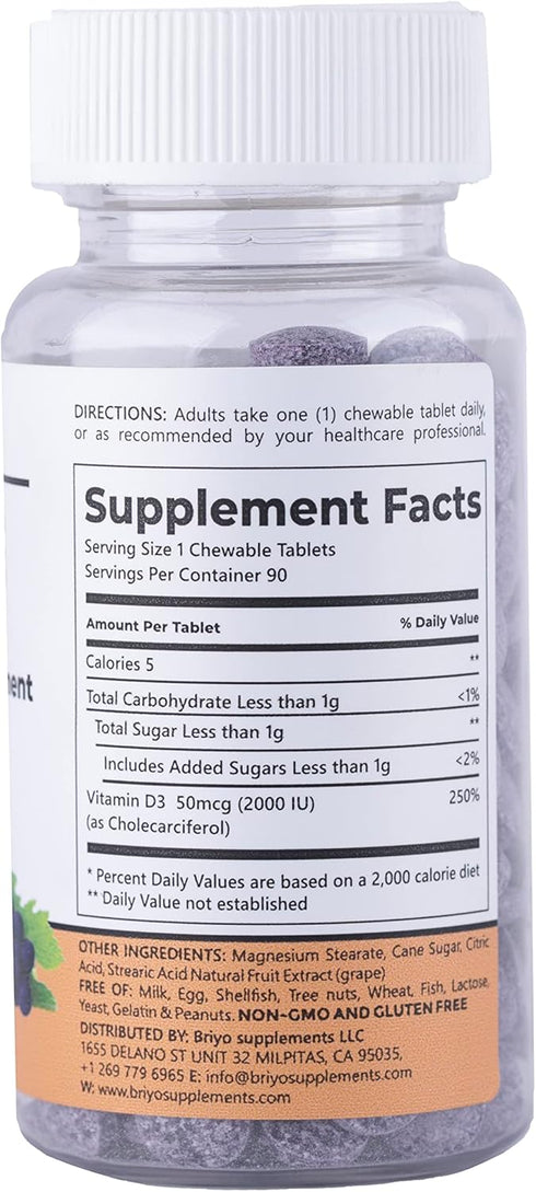 Vitamin d3 chewable Tablet - 2000 IU (50 mcg Per Serving) - Delicious Natural Grape Flavor, 90 Count...