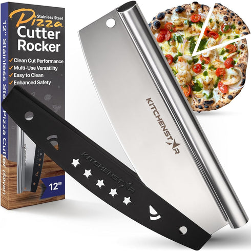 KitchenStar 12-Inch Pizza Cutter Rocker Blade - Sharp Stainless Steel Slicer Knife, Protective Cover, Dishwasher Safe, Small - Professional Pizza ...