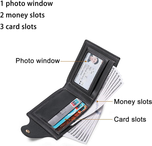 Men Wallet with Clip Black PU Material 3 Credit Card Holder 2 Money Pockets 1 Clear Window Suitable for Men Women Gifts without RFID Slim Small Wa...