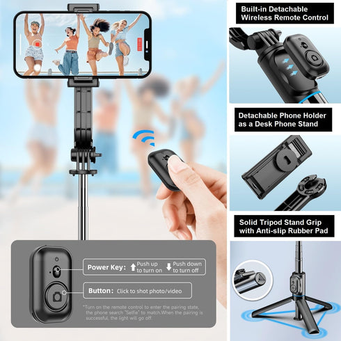 Portable Selfie Stick Phone Tripod - Extendable Travel Selfie Stick Tripod Phone Holder with Wireless Remote for iPhone Galaxy Android for Video R...