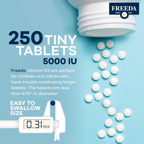 FREEDA Vitamin D3-5000 IU - Pure High Potency Kosher Supplement Tablets - Bone and Muscle Health, Calcium Absorption, Immune Support for Men and W...
