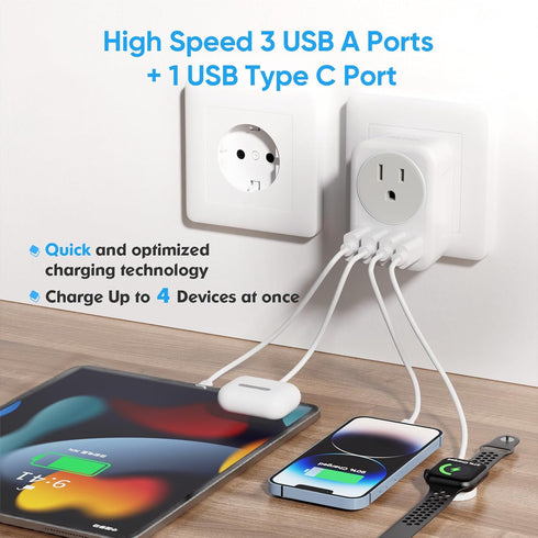 European Travel Plug Adapter, RATEA International Power Plug Adapter with 3 USB Type A, 1 Type C Outlet Adaptor Charger for US to Most of Europe E...