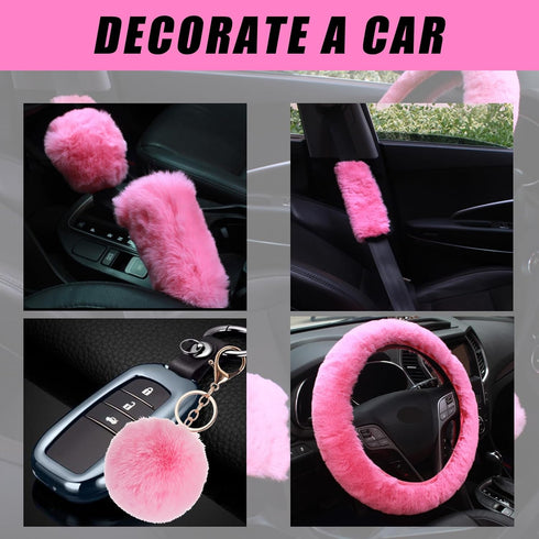 Fluffy Steering Wheel Cover for Women with Furry Gear Cover &Handbrake Cover&Seat Belt Cover&Armrest Pad Fuzzy Car Accessories for Women Pack of 1...