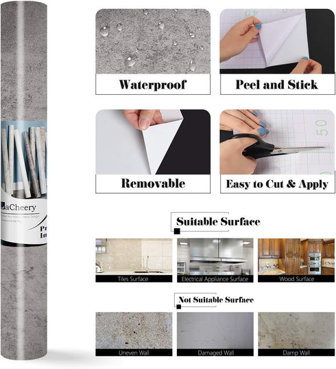 LACHEERY 15.8"x160" Grey Concrete Wallpaper Wall Paper Roll Peel and Stick Removable Self Adhesive Contact Paper for Countertops Cement Decorative...