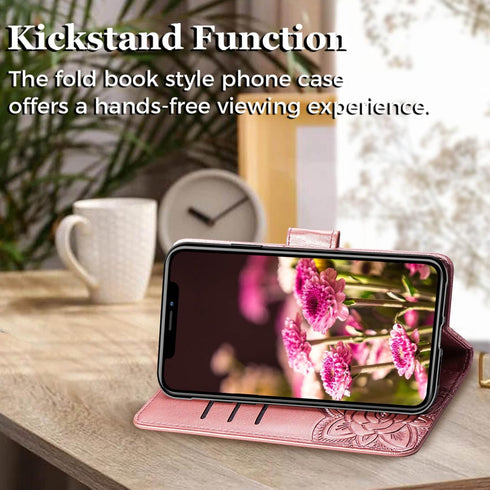 for iPhone 12 Pro/iPhone 12 Wallet Case,Women Flip Folio Cover with Butterfly Embossed PU Leather Kickstand Credit Card Holder Slots Wrist Strap f...