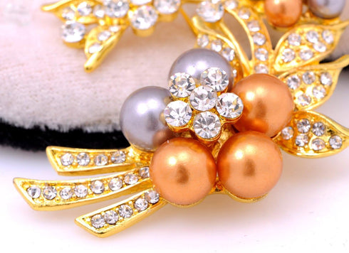 Alilang Womens Yellow Golden Tone Clear Rhinestones Faux Pearls Floral Flower Brooch Pin...