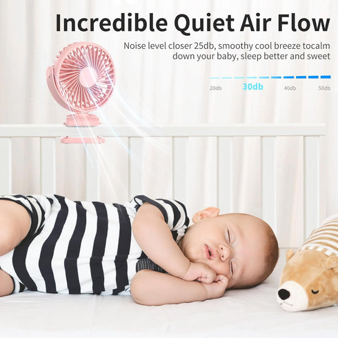 Portable Clip on Fan, 360° Rotate Battery Operated Stroller Fan, 3 Speed Quiet Mini Personal Desk Fan, USB Rechargeable Clooing Fan for Outdoor Ca...