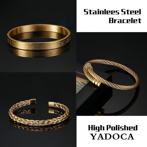 YADOCA 3Pcs Stainless Steel Bracelets for Men Roman Numeral Bangle Bracelet Adjustable Cuff Bracelet Twisted Cable Bracelet Mens Luxury Bracelets ...