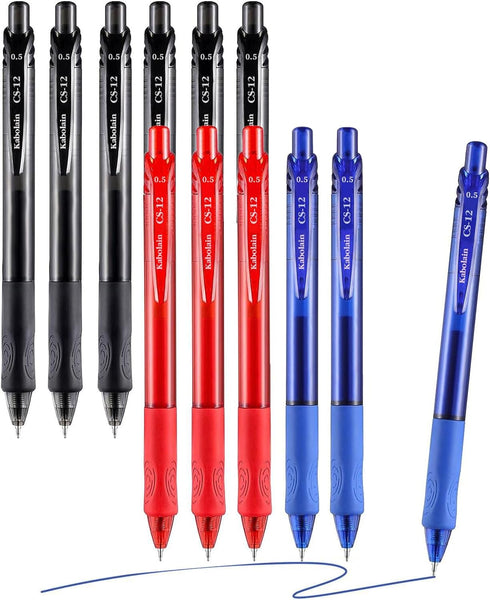 12 Pack Gel Ink Pens, 0.5mm Retractable Ballpoint Pens(Black/Blue/Red), Fine Point Smooth Pens with Soft Grip, Office Pens School Supplies for Wri...