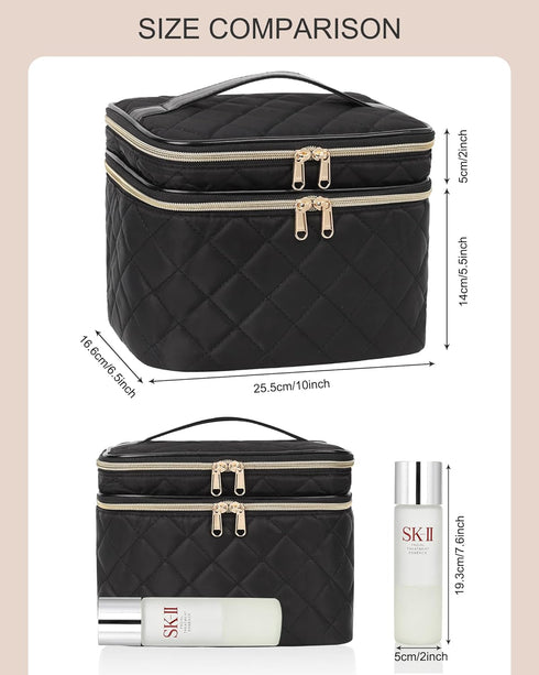 Travel Makeup Bag Organizer, Large Make Up Bag for Women, Double Layer Cosmetic Bag with Removable Dividers, Portable Makeup Case Storage, Black...