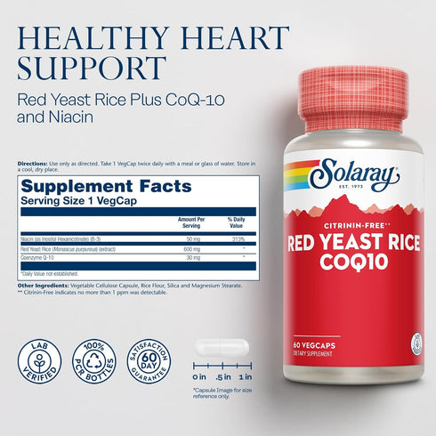 SOLARAY Red Yeast Rice Plus CoQ-10 & No-Flush Niacin Vitamin B-3, Healthy Heart & Cardiovascular Support, Non-Irradiated & Citrinin Free, 60 Day M...