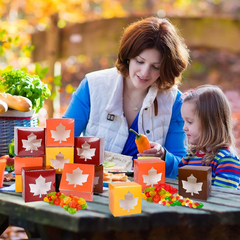 AnyDesign 24Pcs Fall Treat Boxes 4 Colors Cardboard Box with Maple Leaf Shape Window Autumn Thanksgiving Paper Gift Container for Cookie Goodie Ca...