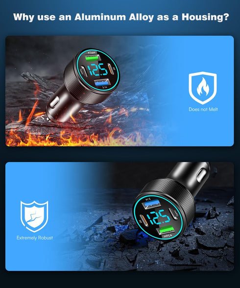66W USB C Car Charger 4 Port Car Charger Adapter with 30W PD, 3.1A Aluminium Alloy Car Cigarette Lighter USB Charger with LED Voltmeter Compatible...