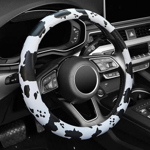Leather Steering Wheel Cover, Universal 15 inch Breathable Anti-Slip Car Cow Steering Wheel Cover for Women Men, Black&White...