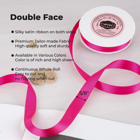 VATIN Double Face Shocking Pink Satin Ribbon 5/8" Continuous 25 Yards,Pink Polyester Fabric Ribbon use for Bows Bouquet, Gift Wrapping, Floral Arr...
