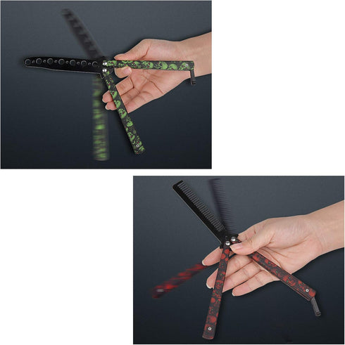 Practice Butterfly Knife Trainer, 2 Pack Steel Folding Comb, Unsharpened Blade, No offensive Bilsong for Beginners Training Outdoor Indoor Camping...