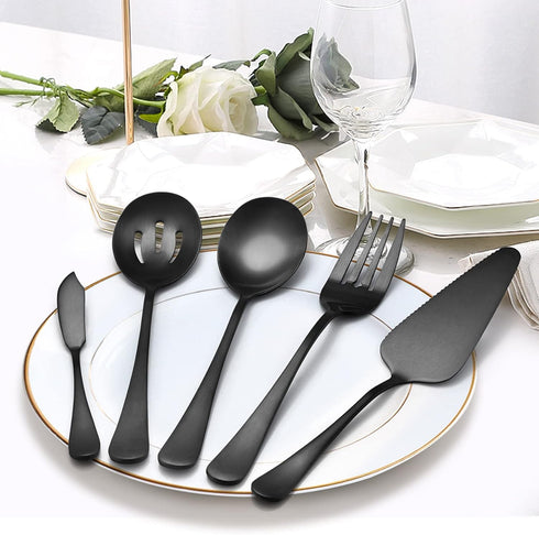 LIANYU 5-Piece Matte Black Serving Utensils Set, Stainless Steel Serving Set Include Serving Spoon Fork, Flatware Serving Pieces for Buffet Cateri...