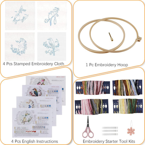 Embroidery Kit for Beginners 4 Sets, Hand DIY Cross Stitch Kits Include 4 Pack Floral and Hummingbird Patterns, 4 pcs Embroidery Hoops, Color Need...
