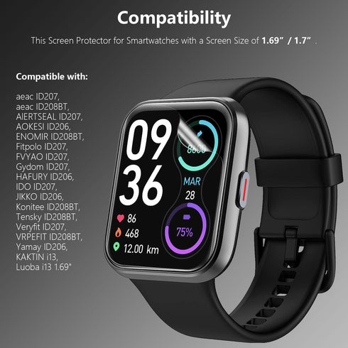 8 Pack for 1.69" or 1.7" Smartwatch Screen Protector, Soft Film for aeac, AOKESI, ENOMIR, Fitpolo, FVYAO, Gydom, HAFURY,IDO, Tensky, Veryfit, VRPE...