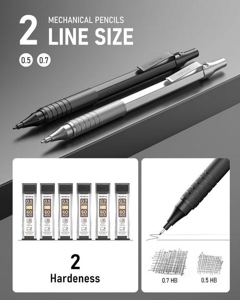Nicpro 2 PCS Mechanical Pencils 0.5mm & 0.7 mm with Case, MP1000 Metal Artist Pencil Set with 6 Tubes HB Lead Refills, 3 Erasers, 9 Eraser Refills...