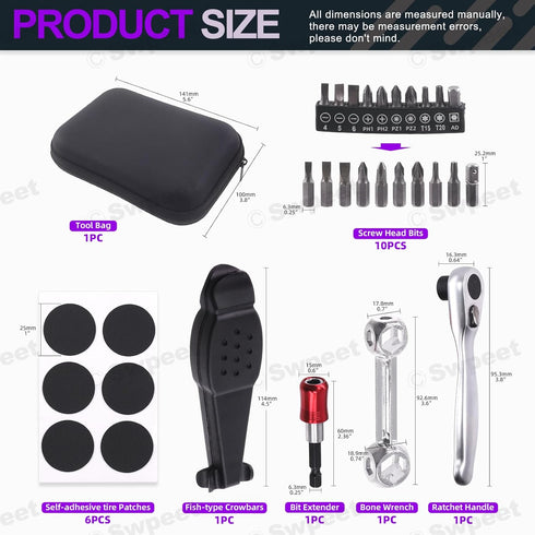 Swpeet 21Pcs Bike Repair Tool Kit Set, Bicycle Multi-Tool Kit, Portable Patch Repair Kit, Includes Tire Lever, Ratchet Wrench, Bone Wrench, Magnet...