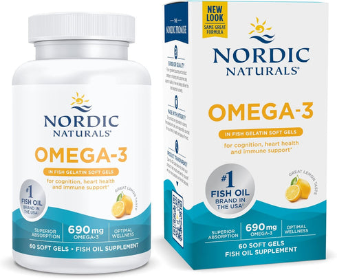 Nordic Naturals Omega-3 in Fish Gelatin, Lemon Flavor - 60 Fish Gels - 690 mg Omega-3 - Fish Oil - EPA & DHA - Immune Support, Brain & Heart Healt...