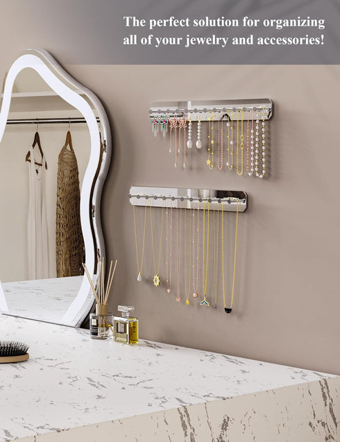 NiHome Wall Mount Acrylic Jewelry Organizer 2-Pack, Sleek Rack Strong Carbon Steel Hooks for Dressing Table, Bathroom, Kitchen, Hassle-Free Instal...