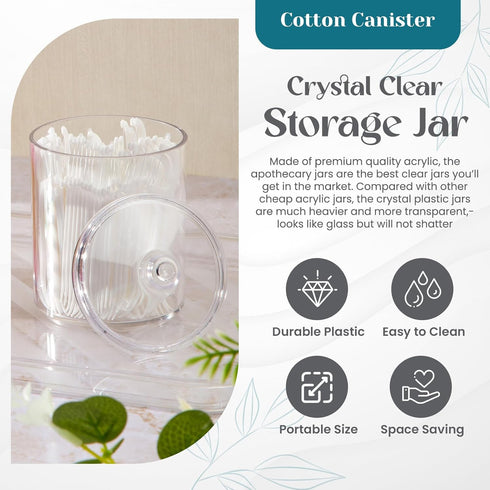 Qtip Holder Pack of 4, Vanity Makeup Organizer Storage, Clear Plastic Apothecary Jars with Lids, Organizer Storage for Cotton Swabs, Cotton Balls,...