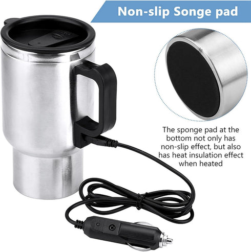 Car Heating Cup, 12V 450ml Stainless Steel Car Travel Mug with Cigarette Lighter, Electric Water Kettle Heated Mug, Travel Coffee Cup for Heating ...