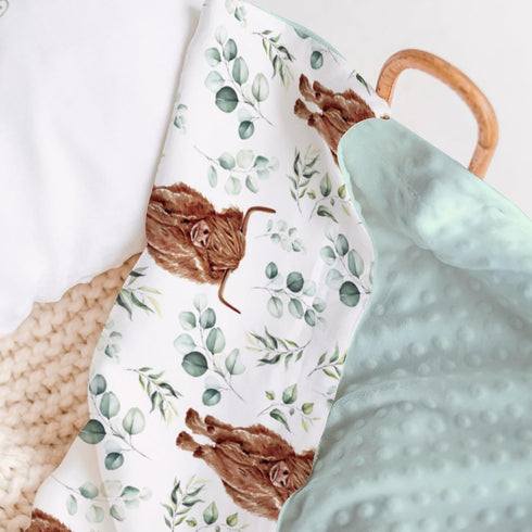 Highland Cow Eucalyptus Leaf Minky Baby Blanket Dotted Backing Boy Girl Gift, Western Farm Animal Yak Double Layer Flannel Nursery Bed Blankets, S...