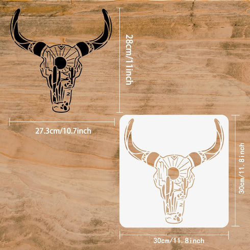 FINGERINSPIRE Cow Skull Painting Stencils 11.8x11.8 inch Plastic Desert Landscape Drawing Painting Stencils Bull Skull & Cactus Sun Pattern Stenci...