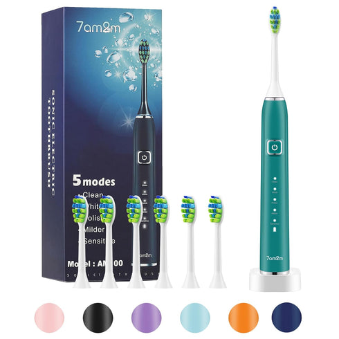 7AM2M Sonic Electric Toothbrush with 6 Brush Heads for Adults and Kids, One Charge for 90 Days,Wireless Fast Charge, 5 Modes with 2 Minutes Built ...