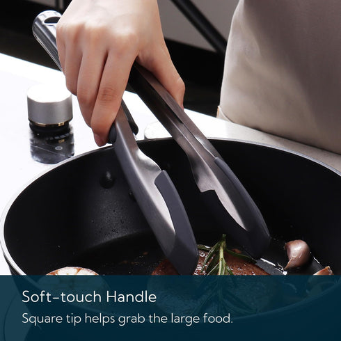 KITCHENDAO Tongs for Cooking with Silicone Tips 9 Inch, One-handed for Convenience, Soft-touch Handle, Silicone Tipped Stainless Steel Kitchen Foo...