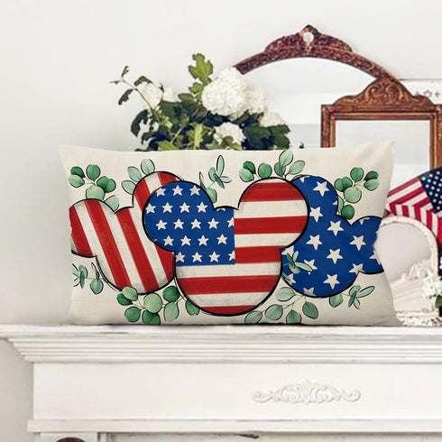 4th of July Cartoon Mouse Patriotic Lumbar Decorative Throw Pillow Cover 12 x 20, Rectangular America USA Eucalyptus Leaves Outdoor Home Decor, Am...