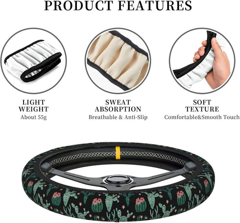 Trendy Cactus Flower Steering Wheel Cover for Women Men Girls Car Accessories Decor Anti-Slip Neoprene Auto Steering Wheel Covers Protector Univer...