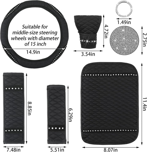 10 Pcs Bling Car Accessories Set for Women Girl Rhinestones Leather Accessories Bling Steering Wheel Cover Armrest Cover Gear Shift Cover Seat Bel...