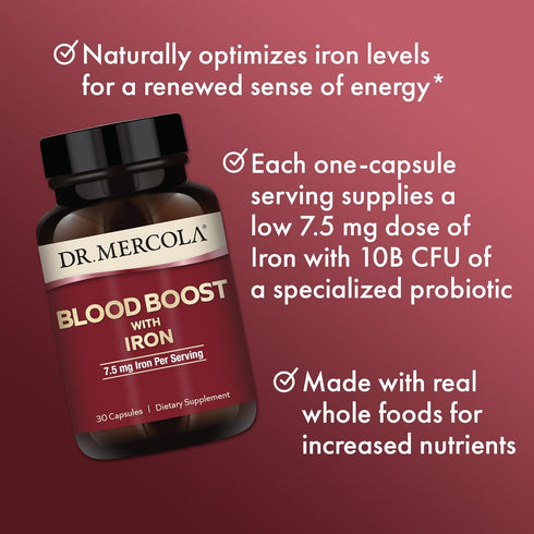 Dr. Mercola Blood Boost with Iron, 30 Servings (30 Capsules), 7.5 mg Iron Per Serving, Dietary Supplement, Supports Energy Production, Non-GMO...