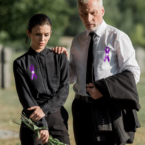 100 Pcs Cross Funeral Ribbons Memorial Ribbon Memorial Service Respect Ribbon Bow with Safety Pin for Mourning (Purple)...