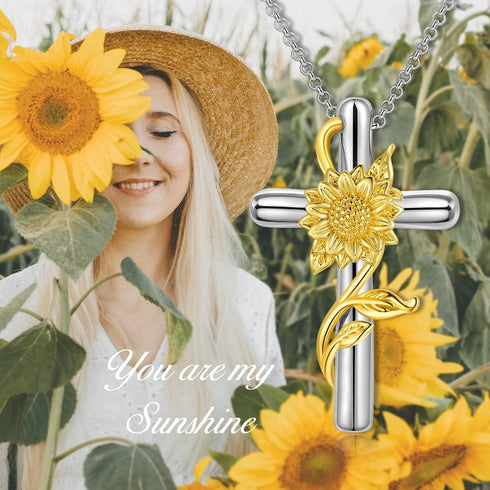 Sunflower Rose Flower Cross Cremation Jewelry 925 Sterling Silver Urn Necklace Keepsake Ashes Hair Memorial Pendant Always in My Heart Locket for ...
