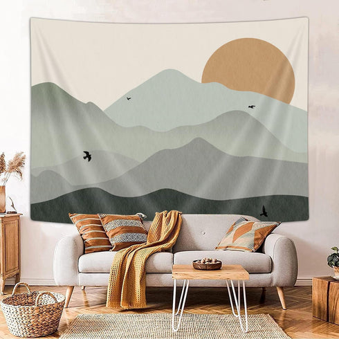 Ptrxobj Small Sage Green Mountain Tapestry Boho Abstract Sun Landscape Wall Hanging Art Mid Century Sunset Tapestries Minimalist Aesthetic Decor f...